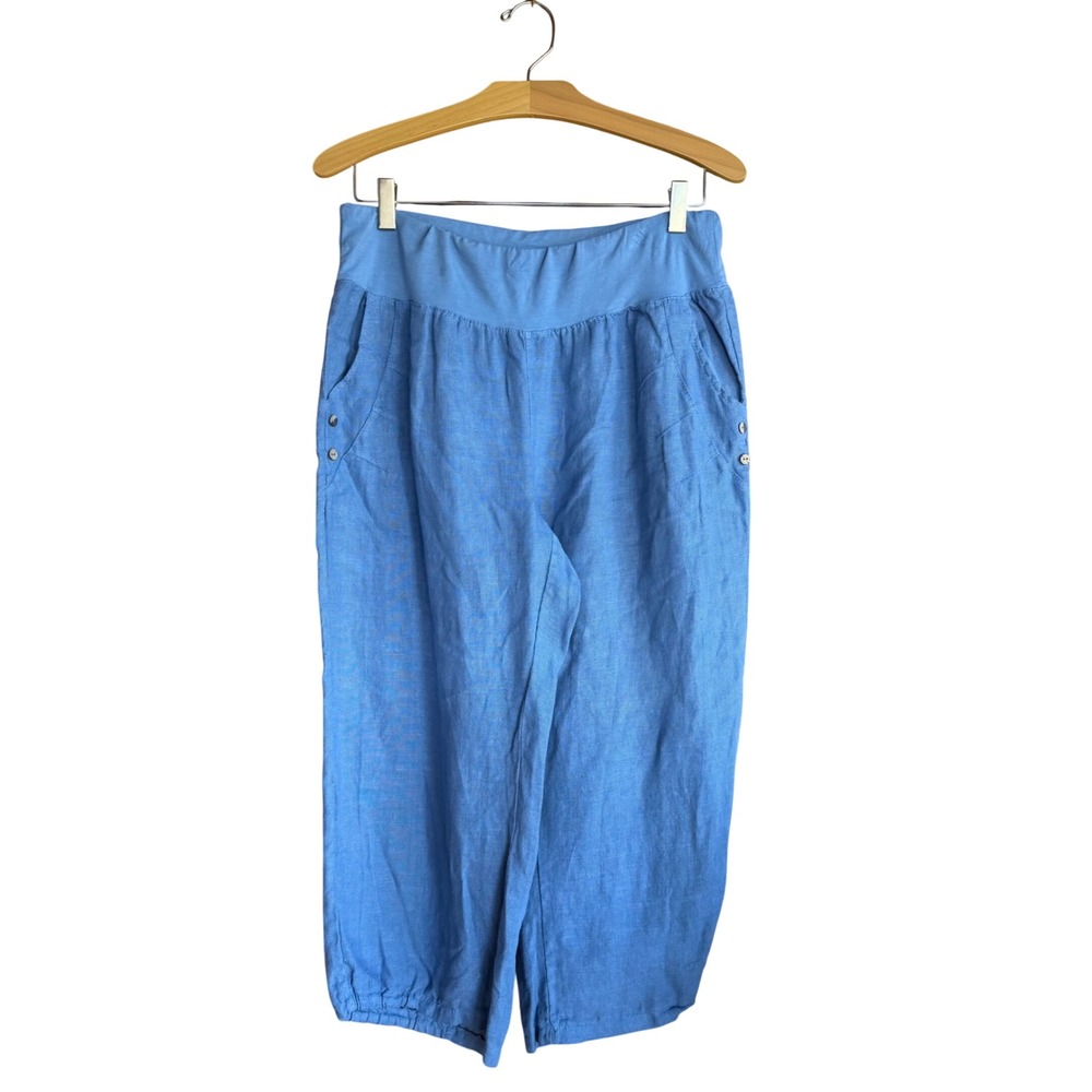 Splendid Iris Linen Pants Women Large Blue Linen Cropped Lagenlook Made in Italy